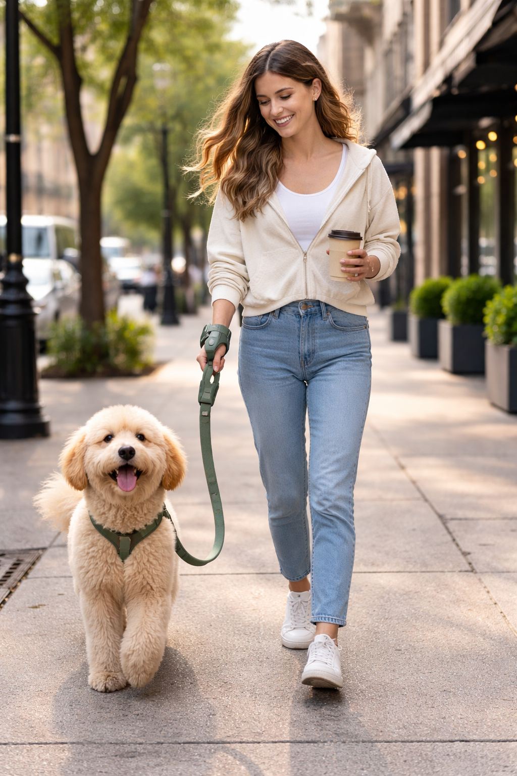 Woman walking dog with WristWalker on urban sidewalk